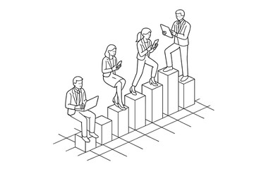 Business team climbing ascending bar chart columns using digital devices