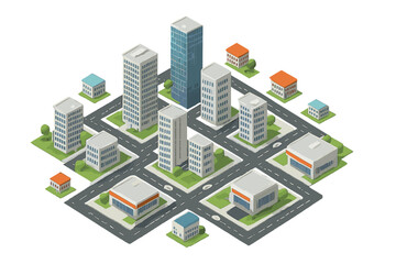 Isometric city block layout featuring diverse modern buildings and roads