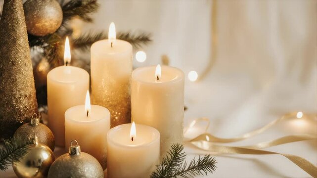Warm holiday image of lit candles, ornaments, and decorations, on a soft background