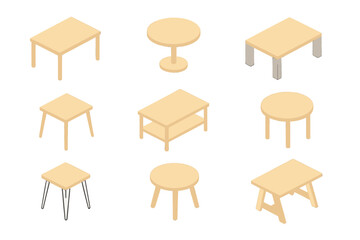 Isometric collection of various wooden coffee tables and small stools