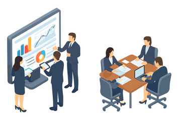 Obraz premium Isometric business team analyzing financial charts during a meeting