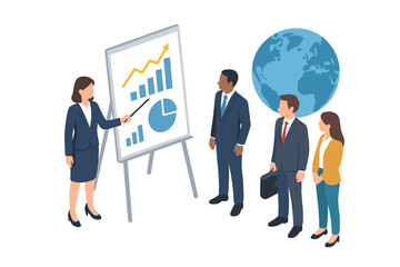 Business team analyzing global growth chart presentation in isometric view