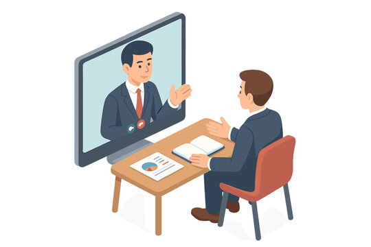 Isometric business meeting with remote colleague via video conference call