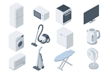Isometric icons of white household appliances and modern electronics devices