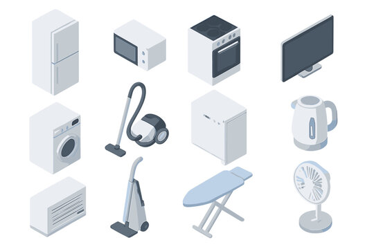 Isometric icons of white household appliances and modern electronics devices - Powered by Adobe