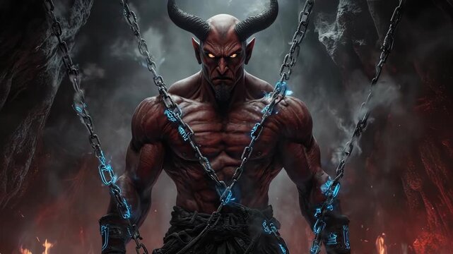 Muscular Demon with Horns and Chains in Hellscape - Dark Fantasy Art