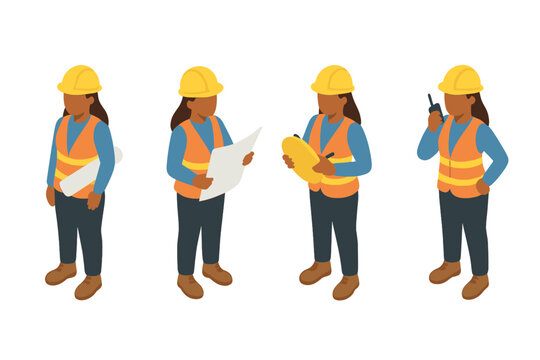 Isometric female construction worker with safety gear and various tools