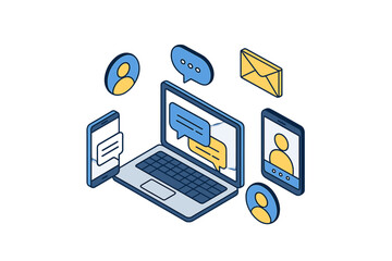 Isometric digital communication and messaging icons featuring laptop and mobile devices