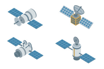 Isometric set of four communication and navigation space satellites © icon_art