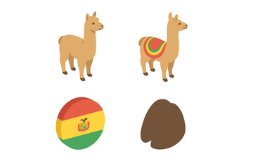 Obraz premium Set of isometric icons featuring llama and alpaca animals with Bolivian flag emblem and hoof print symbol