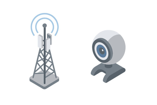 Isometric communication tower and webcam icons for data transmission concept
