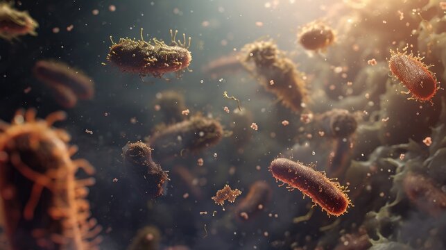 Numerous bacteria of varying shapes and sizes suspended in a liquid medium.