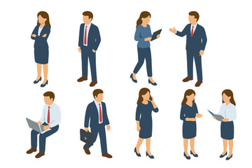 Isometric business professionals performing various work activities and poses