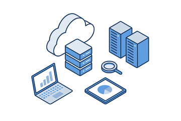Isometric view of cloud computing data analysis and server infrastructure concept