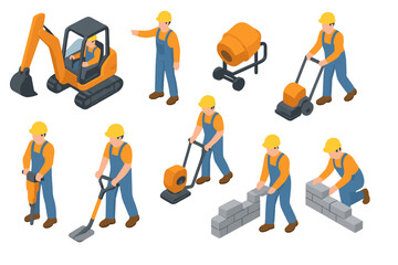 Isometric construction workers performing various tasks with heavy machinery and tools