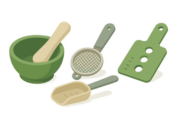 Isometric set of essential kitchen tools featuring a mortar and pestle, strainer, scoop, and serving board
