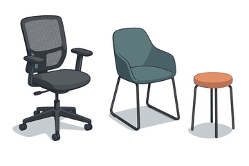 Three different seating options: ergonomic chair, modern armchair, and simple stool