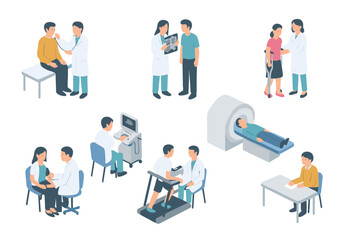 Isometric medical examination and diagnostic procedures set with professionals and patients