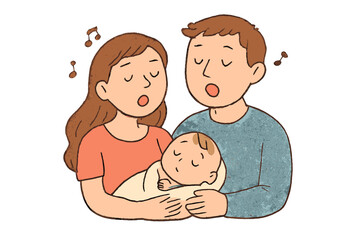 Loving parents singing a gentle lullaby to their newborn baby in arms