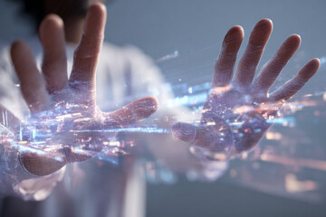 Abstract digital hands interacting with data streams, visualizing future tech and innovation, ideal for tech startups and forward thinking business concepts, connectivity