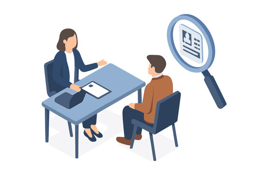 Isometric view of professional job interview and candidate resume evaluation