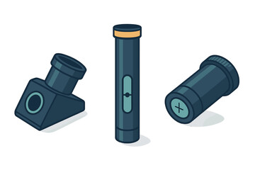 Three dark blue isometric optical components for scientific instruments