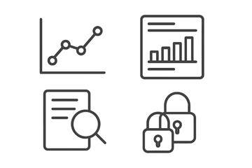 Business analysis, financial reporting, data security, and document search icons set