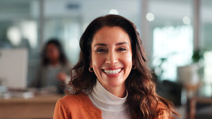 Portrait, smile and mature business woman in office, confident journalist and about us....