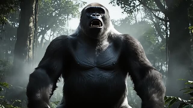 Majestic silverback gorilla roars fiercely in a misty jungle, embodying primal power and wild nature.
