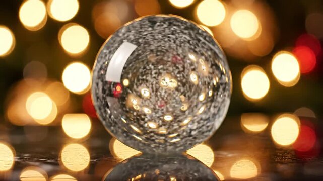 A clear Christmas snow globe with glitter and decorations inside, sitting on a reflective surface with a blurred background of warm lights, showcasing a festive holiday scene with a shallow