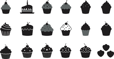 Black Silhouette Cupcake and Cake Icons Set, Sweet Treats with Cherry Toppings and Frosting, Bakery and Dessert Symbols, Holiday Food Vector Illustration Collection.