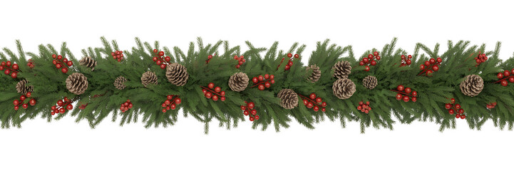 Christmas garland with pine cones and red bows isolated on transparent background