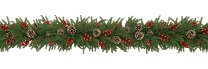 Christmas garland with pine cones and red bows isolated on transparent background