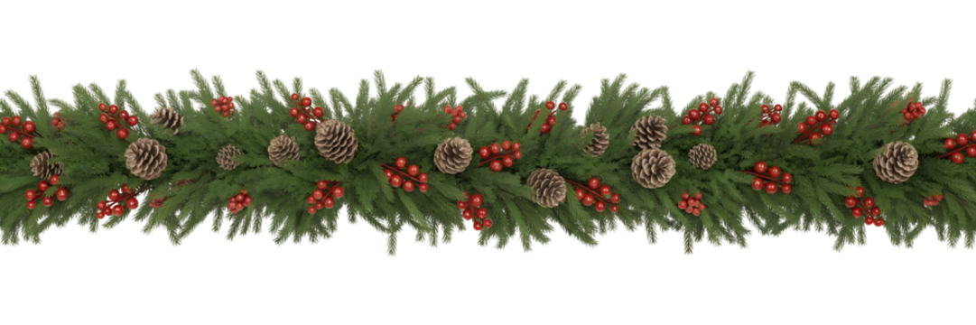 Christmas garland with pine cones and red bows isolated on transparent background - Powered by Adobe