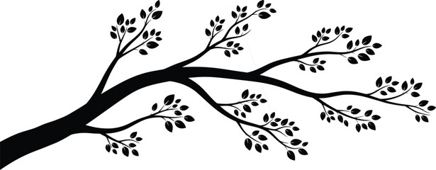 Black silhouette of tree branch with leaves vector illustration isolated on white background for nature design, floral decoration, and environmental spring season art concepts. © MONIRUZZAMAN