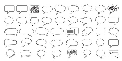 Speech Bubbles Black Outlines Diverse Shapes Communication Dialogues Design Elements to illustrate conversations, expressing thoughts, and creating visuals for presentations