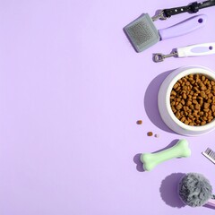 Pet supplies on a purple background flat lay view