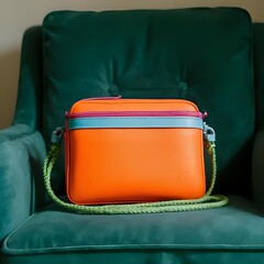 Orange purse on a green velvet armchair indoors shot