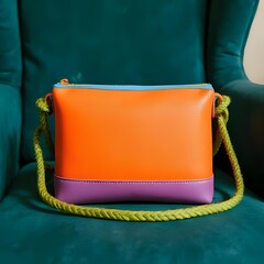 A colorful purse sitting on a green velvet chair