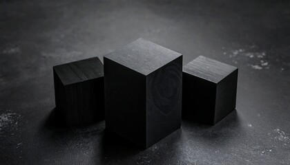 Three dark wood blocks, each a cube or rectangular prism, are arranged on a textured, grey, and monochromatic surface