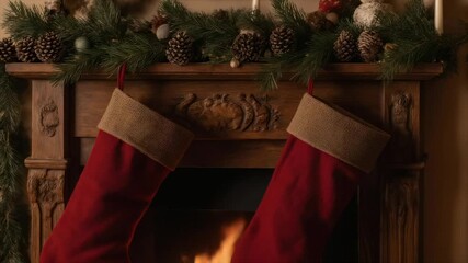 A cozy Christmas scene featuring a wooden mantel with stockings and festive decor - Powered by Adobe
