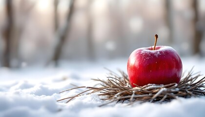 A glossy red apple fruit sits peacefully among pine needles reflecting natural vibrant freshness in snowy woodland creating organic sparkling
