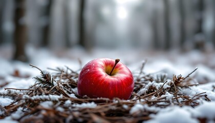 A single vibrant shiny red apple fruit rests within pine needles highlighting natural freshness against snowy woodland creating organic sparkle