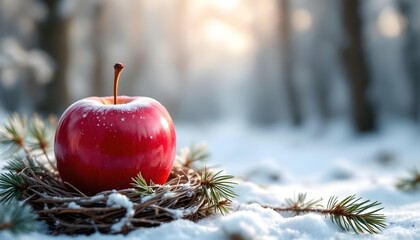 A vibrant shiny red apple fruit lies within frosty pine needles surrounded by snowy woodland displaying natural freshness with sparkling