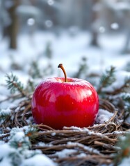 A vibrant apple fruit shining brightly within snowy woodland creating a natural scene with glossy red freshness and sparkling