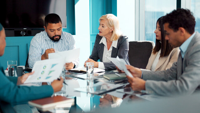 Meeting, documents and business people in office for planning finance review with budget report. Discussion, paperwork and financial advisors with investment proposal in collaboration in workplace.