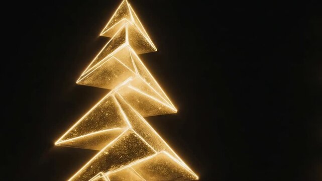 Geometric gold Christmas tree silhouette glows against a dark backdrop