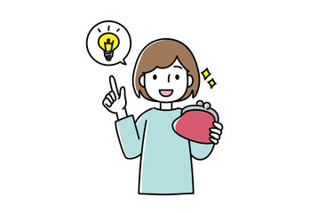 がま口を持ってひらめく女性のイラスト