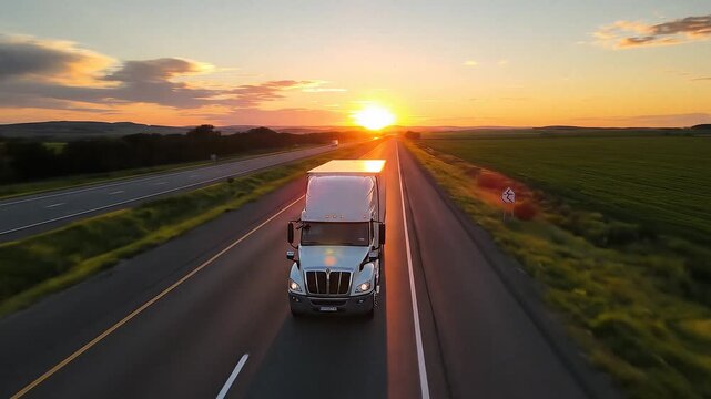 Aerial View of a White Semi Truck Driving on a Highway into the Sunset.