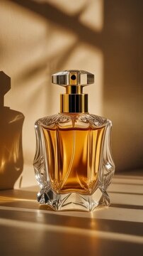 A crystal perfume bottle with gold accents sits casting shadows on a neutral surface in warm, direct sunlight, creating a bright and luxurious ambiance.